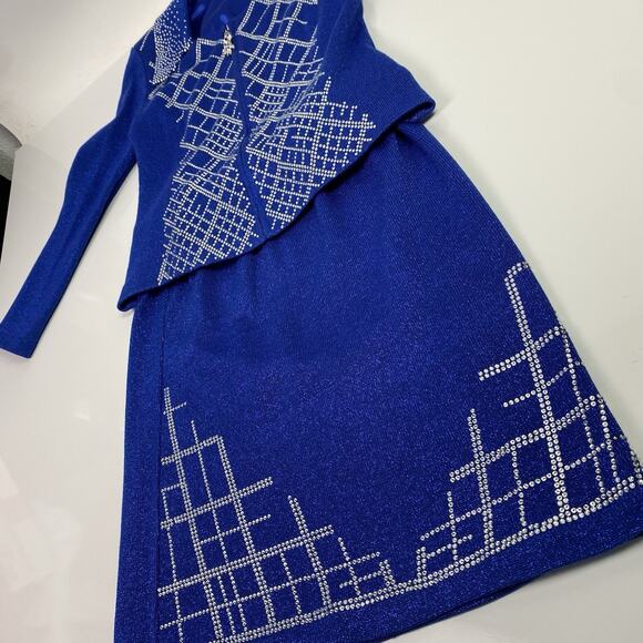 STUNNING rhinestone Donna Vinci Knits Church Skirt Suit 8 Blue Wool Blend Jewels - Picture 4 of 16